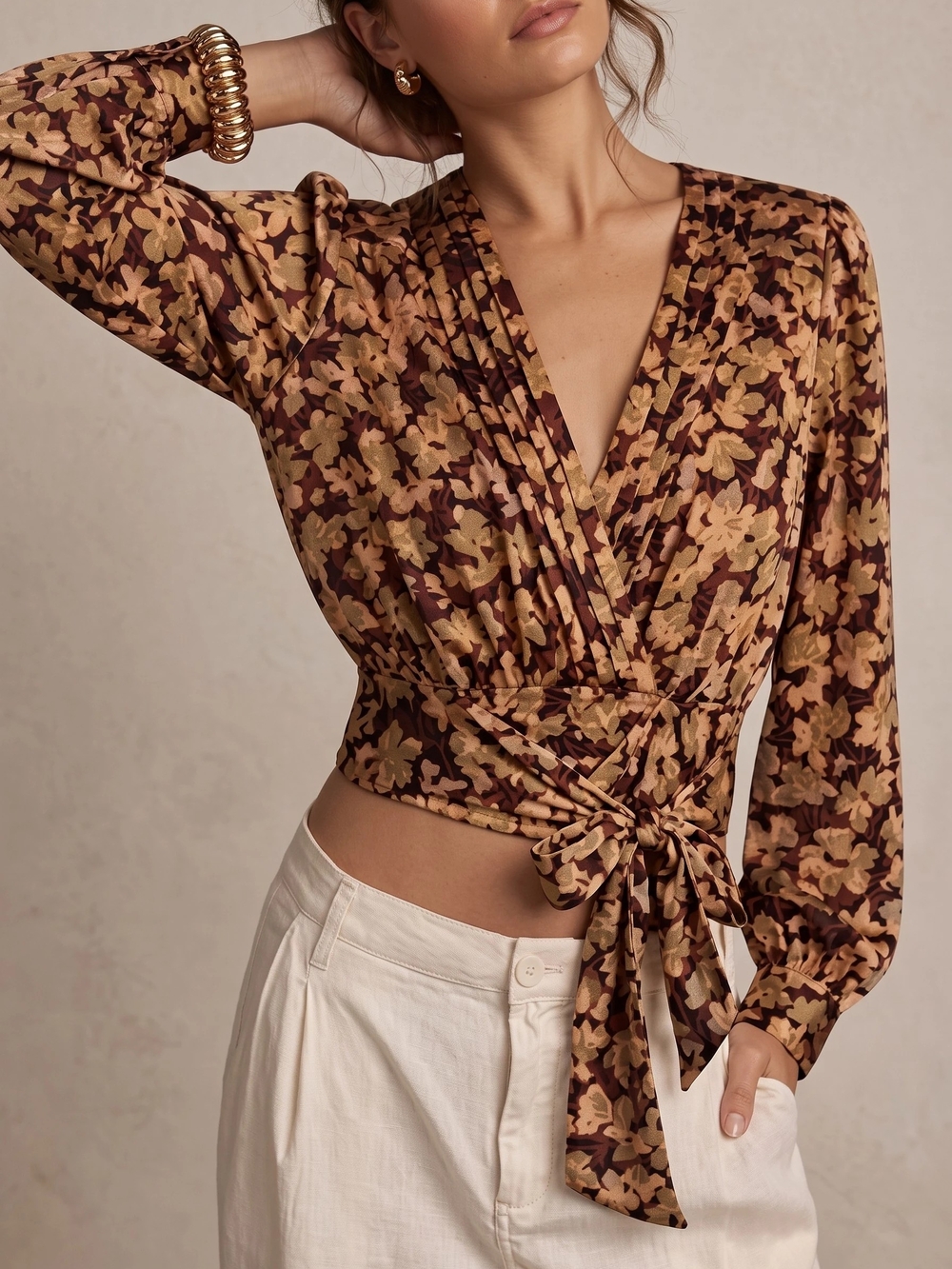 Anthropologie Tie Front Blouse Floral V-neck Earth-tone Fall Colors Size Medium